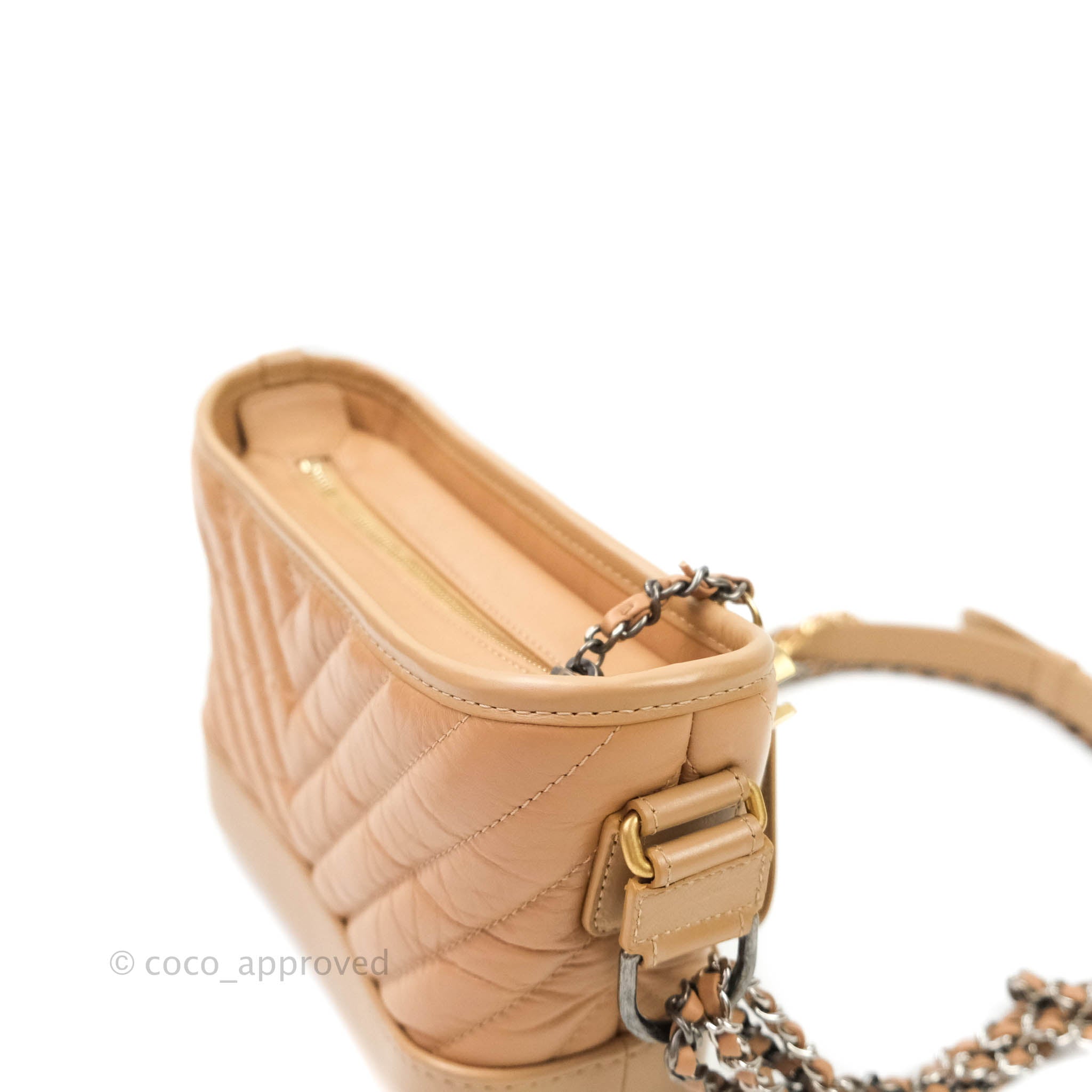 Chanel Small Gabrielle Hobo Bag in Beige Calfskin with Chevron Pattern & Mixed Hardware - Perfect for Everyday Use, Work & Special Occasions