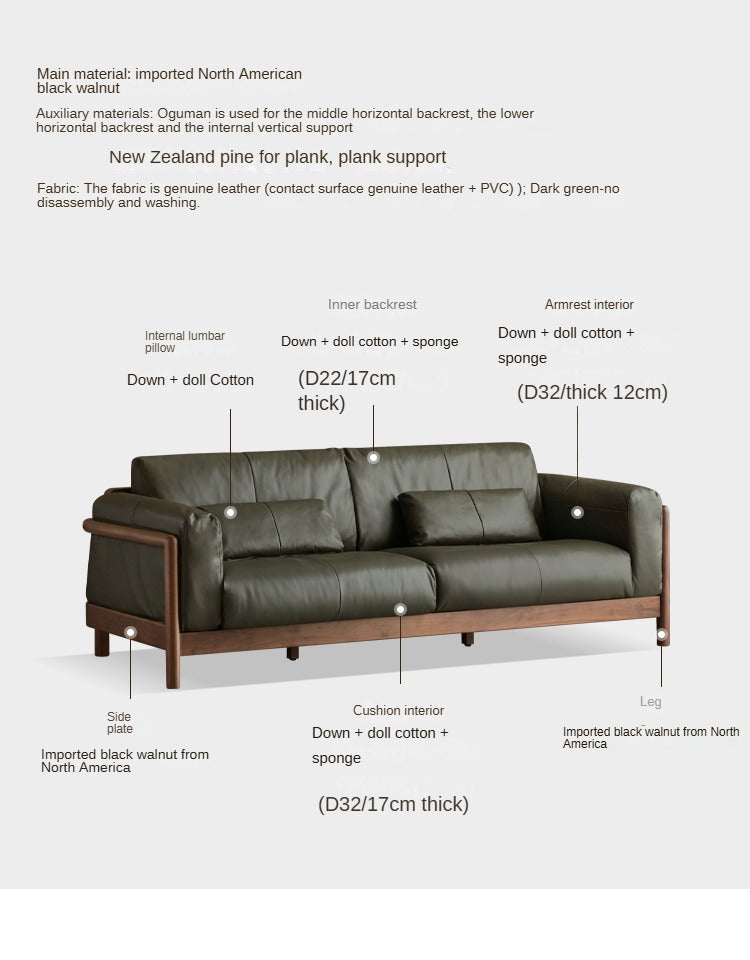 Modern Black Walnut Solid Wood Leather Sofa - Luxury Living Room Furniture for Home & Office Decor