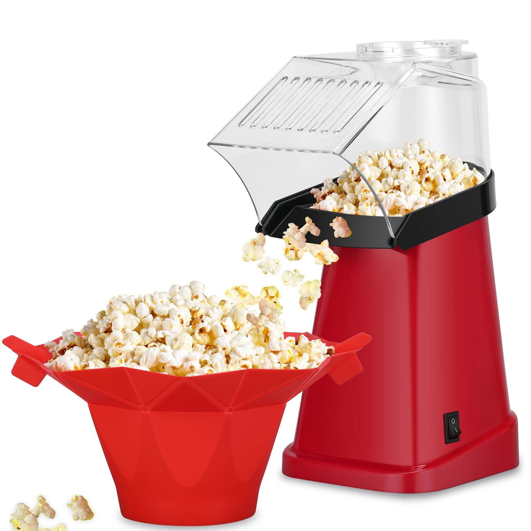 Fast Hot Air Popcorn Popper Machine with 16-Cup Bowl, Measuring Cup & Butter Tray - Quick Healthy Snack Maker for Movie Nights, Parties & Family Gatherings (Red)