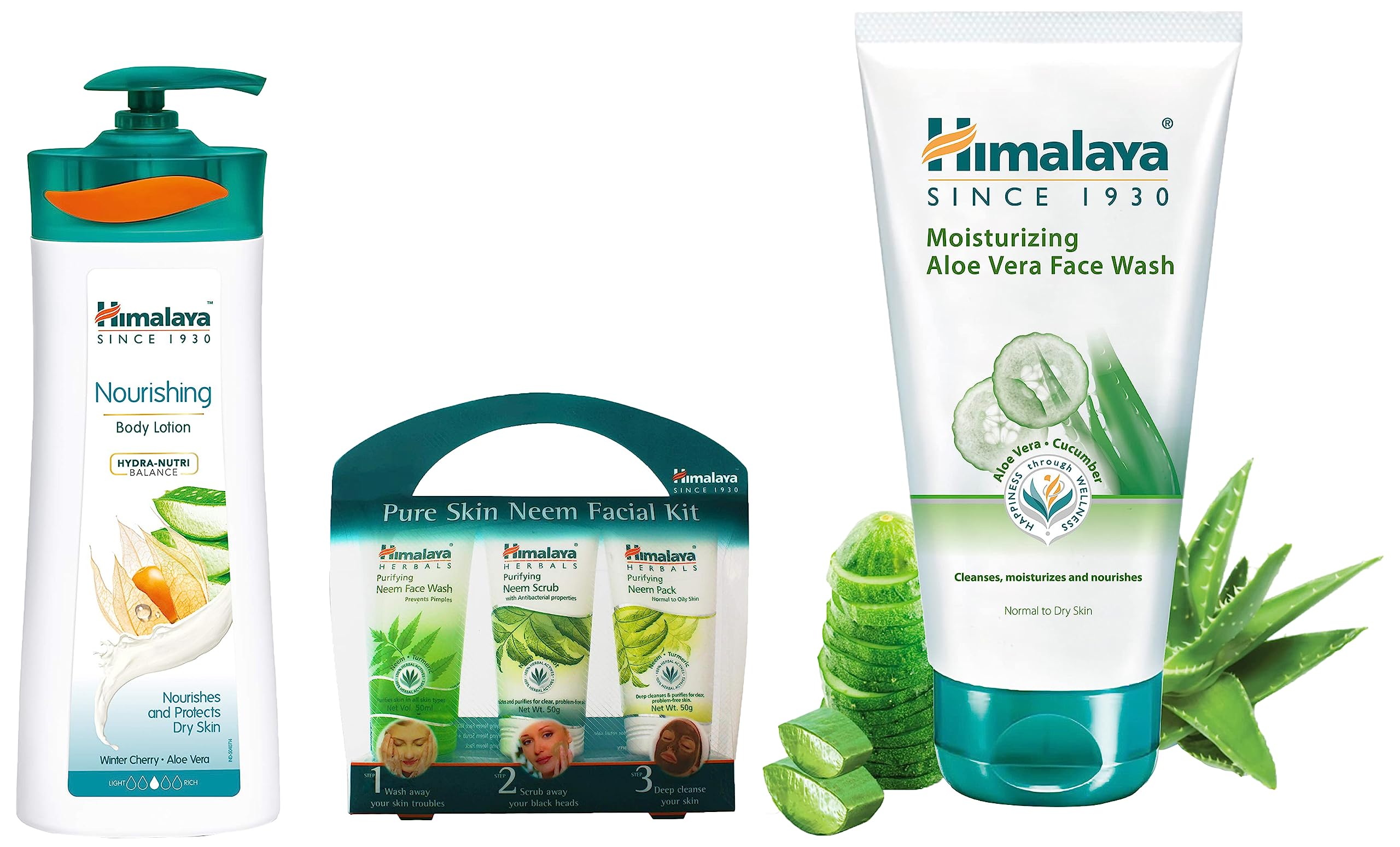 Himalaya Nourishing Body Lotion 400ml & Pure Skin Neem Facial Kit with Facewash, Scrub & Face Pack | Aloe Vera Moisturizing Face Wash 100ml | Natural Skincare Routine for Dry & Sensitive Skin | Daily Hydration & Acne Treatment