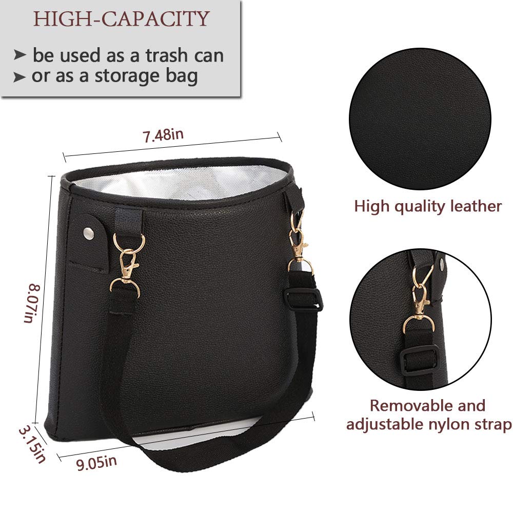 HerMia Hanging Car Trash Can - Premium PU Leather Waterproof Auto Garbage Bin for Travel, Outdoor & Vehicle Use - Perfect for Road Trips, Camping & Commuting (Black)