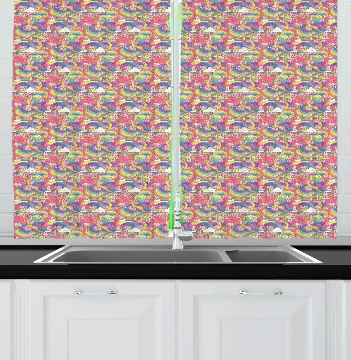 Ambesonne Cartoon Kitchen Curtains - Colorful Unicorns on Fluffy Clouds Design, Funny & Happy Graphic Window Drapes, 2 Panel Set for Kitchen & Cafe Decor, 55 x 39 Inches, Multicolor - Perfect for Kids' Room, Playroom, and Whimsical Home Decor