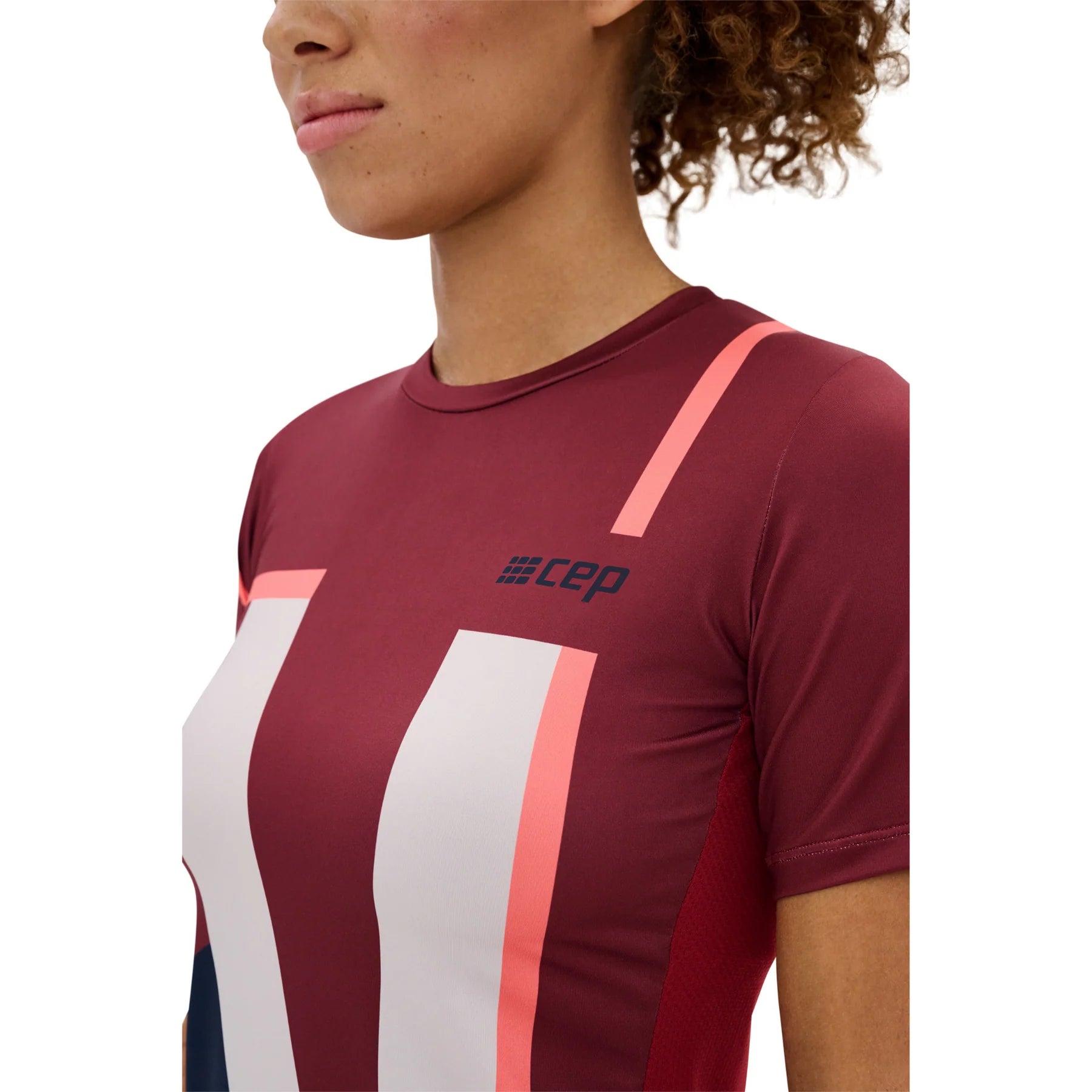CEP Women's The Run Shirt - Round Neck Short Sleeve V5 Athletic Top - Dark Red Geometric Print Running Shirt for Women | Perfect for Jogging, Gym Workouts & Outdoor Activities
