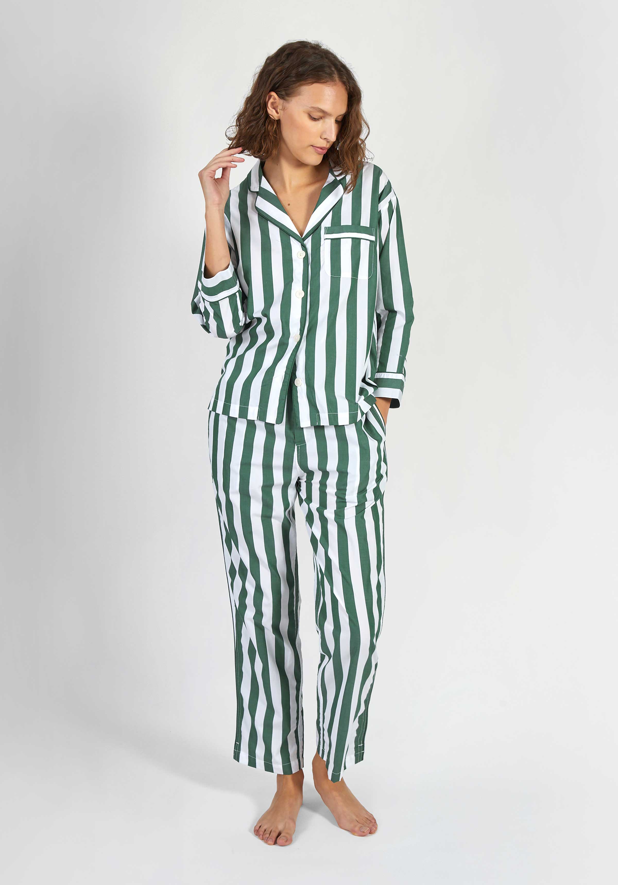 Marina Pajama Set - Green & White Tent Stripe Cotton Sleepwear for Women | Cozy Lounge & Sleepwear for Relaxing at Home