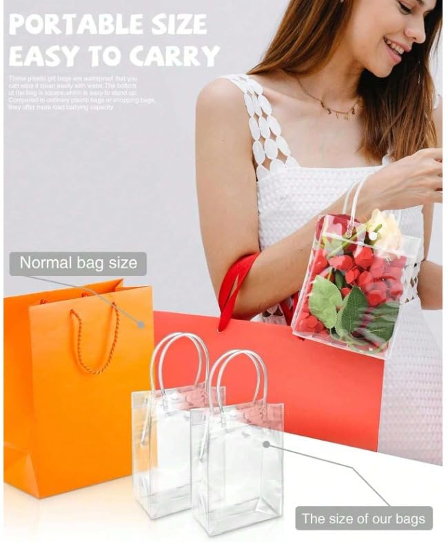 6 Pack Small Clear Plastic Gift Bags with Handles - 18cm Transparent Goodie Bags for Valentine's Day, Party Favors, Wedding Favors, Birthday Treats & Retail Shopping