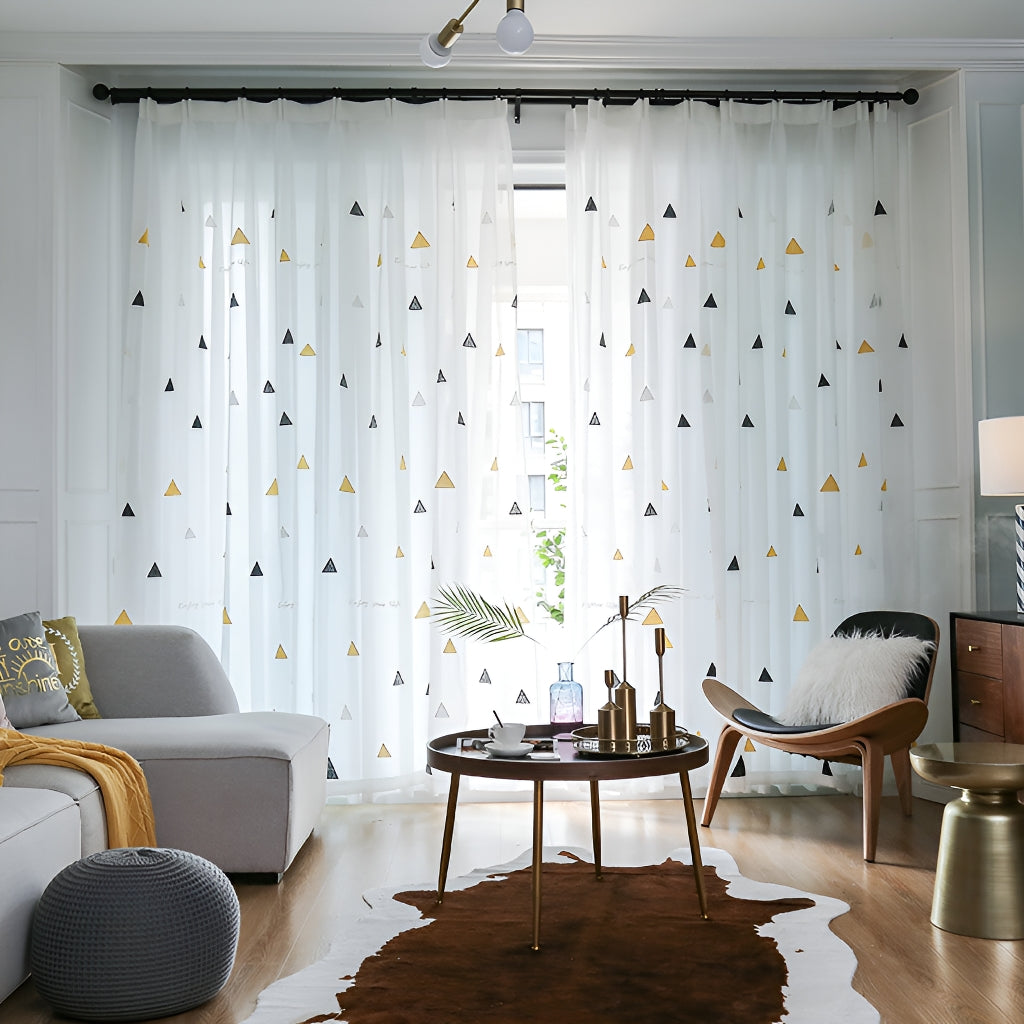 Annelise White Geometric Sheer Gauze Custom Curtains for Living Room, Bedroom & Dining Room - Light Filtering Window Drapes with Modern Design