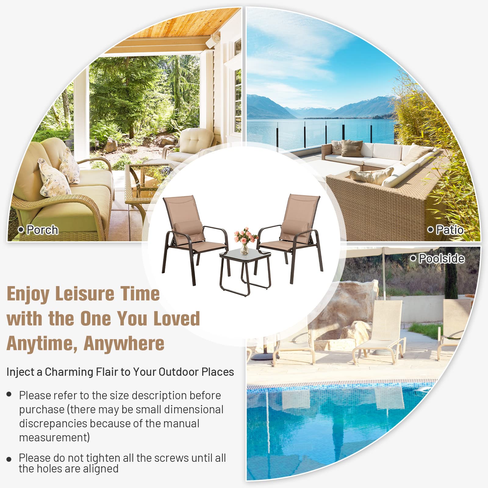 Giantex 3-Piece Outdoor Patio Bistro Set with Tempered Glass Coffee Table & 2 Stackable Chairs - Adjustable Backrest & Headrest - Brown Porch Furniture for Garden, Balcony, and Backyard Relaxation
