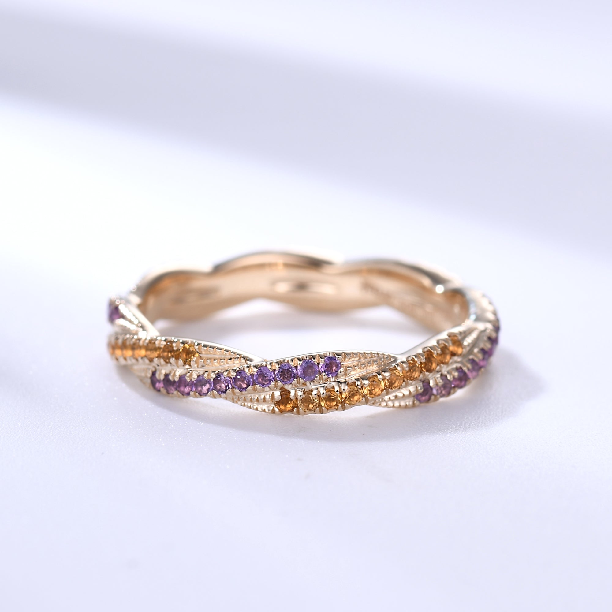 Twisted Amethyst & Citrine Yellow Gold Double Wedding Band Full Eternity Ring for Women - Perfect for Anniversaries, Engagements & Special Occasions