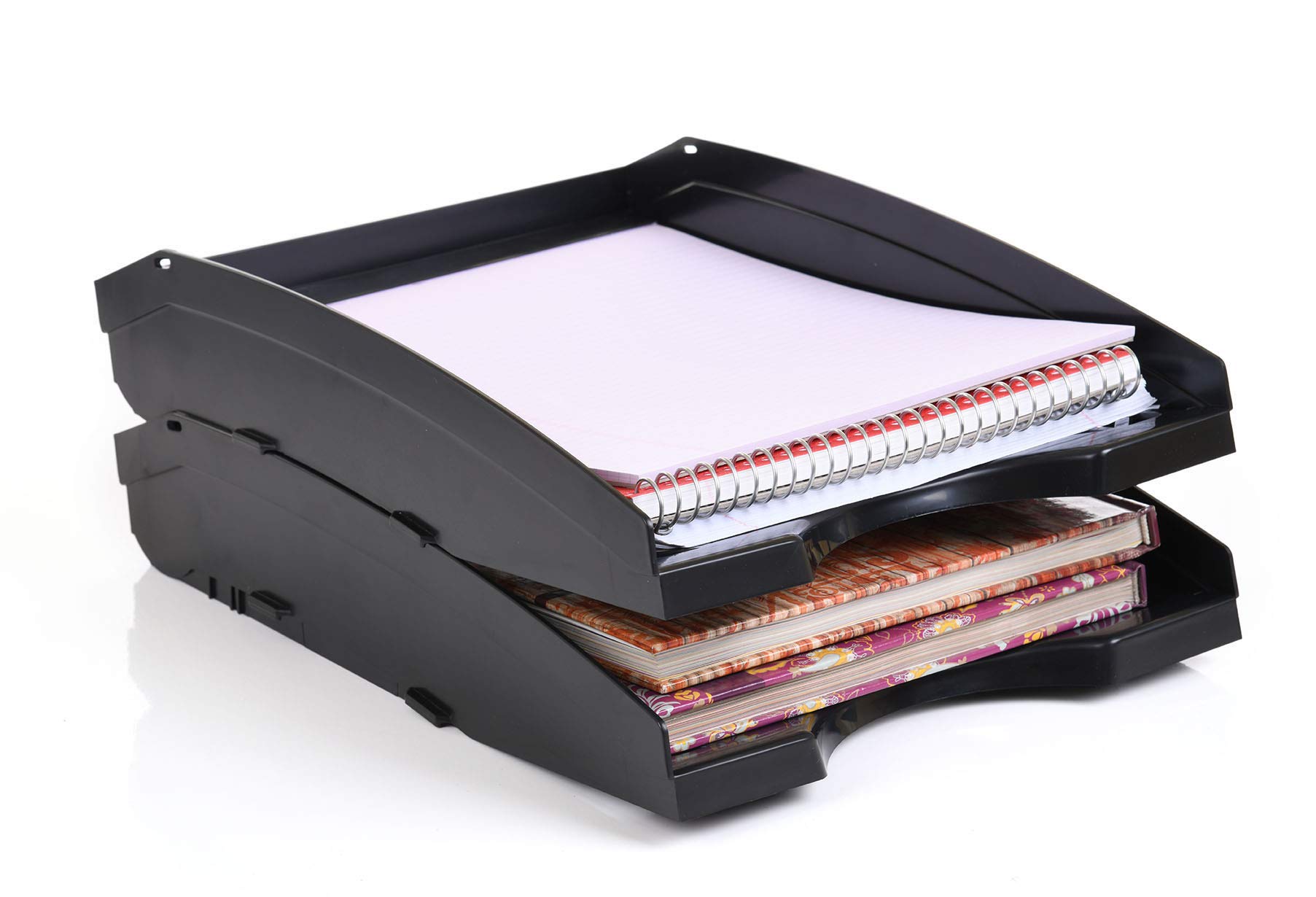 Mintra Office Plastic 2-Pack Letter Tray Organizer - Black - Perfect for Desk Organization, Mail Sorting, and Paper Storage in Home or Office