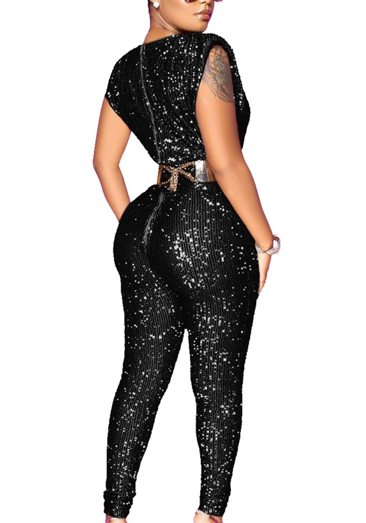 Tcremisa Women's Sexy Sequin Sparkling Sleeveless Jumpsuit | Shiny One-Piece Romper | Clubwear & Party Outfit for Nightlife, Date Nights & Special Occasions