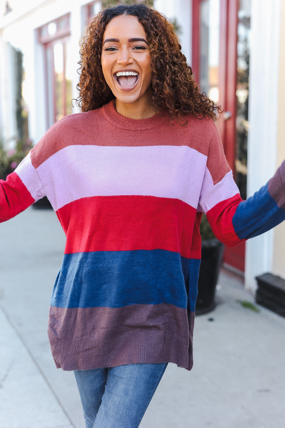 Lilac Multi Stripe Ribbed Knit Sweater Pullover for Women - Soft & Cozy Winter Fashion - Perfect for Casual Outfits, Office Wear & Date Nights