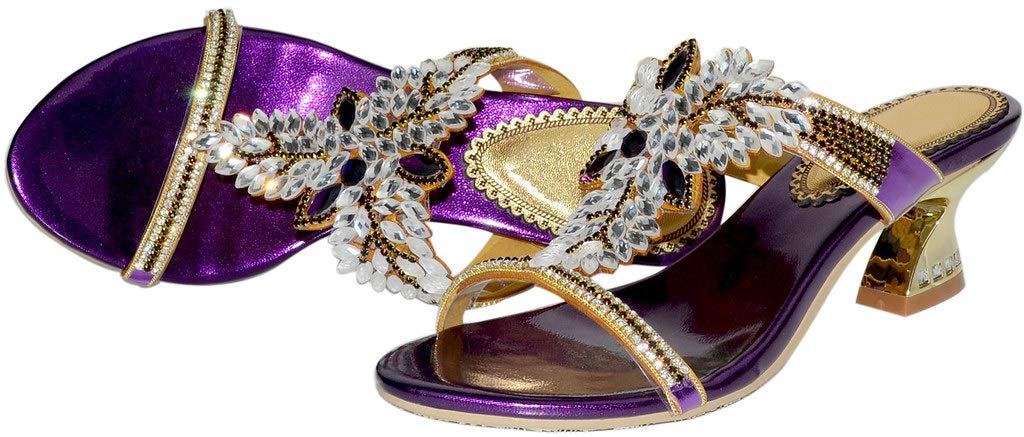 LizFoYa Women's Strappy Rhinestone Heeled Sandals - Summer Slip-On Party Heels for Beach, Wedding & Evening Events