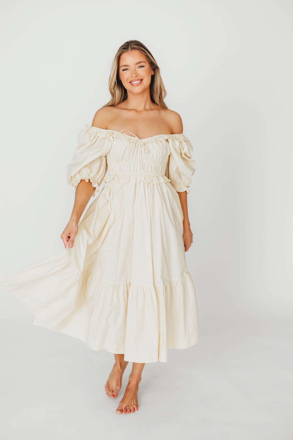100% Cotton Crissy Ruched Midi Dress in Cream - Bump Friendly Maternity Dress for Pregnancy & Nursing | Perfect for Baby Showers, Maternity Photos & Everyday Wear