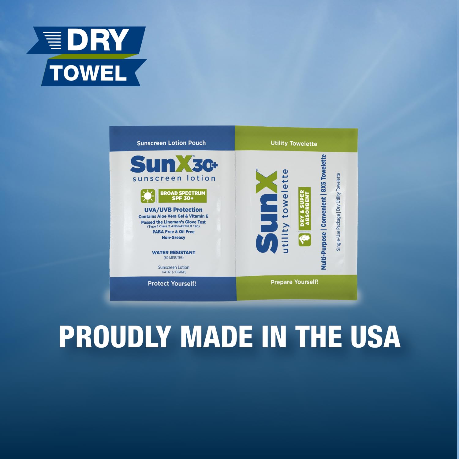 CoreTex Sun X 30+ Broad Spectrum Sunscreen Packets (300 Count) & Dry Towels Kit - Paraben, Oxybenzone, Octinoxate & Oil Free - No White Cast, 80-Minute Water & Sweat Resistant | Perfect for Beach, Pool & Outdoor Activities