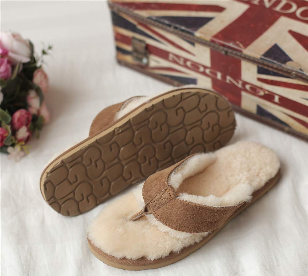 Genuine Sheepskin Fur Lined Flip Flops - Winter Warm Unisex Slides with Real Sheep Leather & Suede Sole for Men & Women | Cozy Indoor/Outdoor House Slippers for Cold Weather Comfort