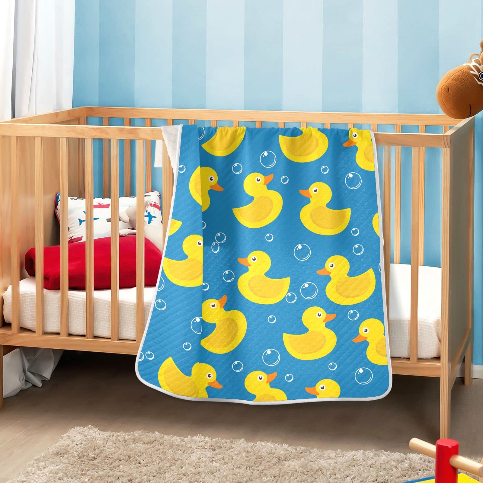 DOMIKING Yellow Rubber Duck Baby Blankets for Boys & Girls - Soft Cotton Quilted Lovey Throw Blanket for Nursery, Crib, Stroller & Infant Receiving - Perfect for Snuggling, Playtime & Baby Shower Gifts