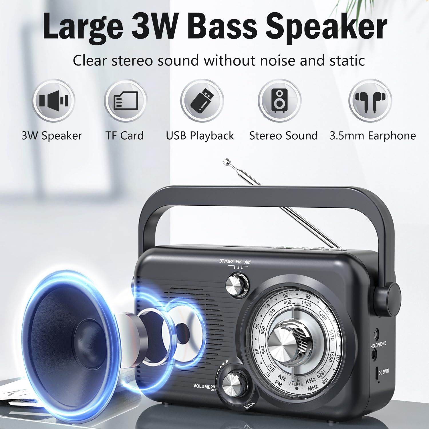 Portable AM FM Radio with Bluetooth, 2000mAh Rechargeable Battery, Best Reception, Supports SD Card & USB MP3 Player, Loud Speaker - Perfect for Camping, Emergencies, and Outdoor Activities