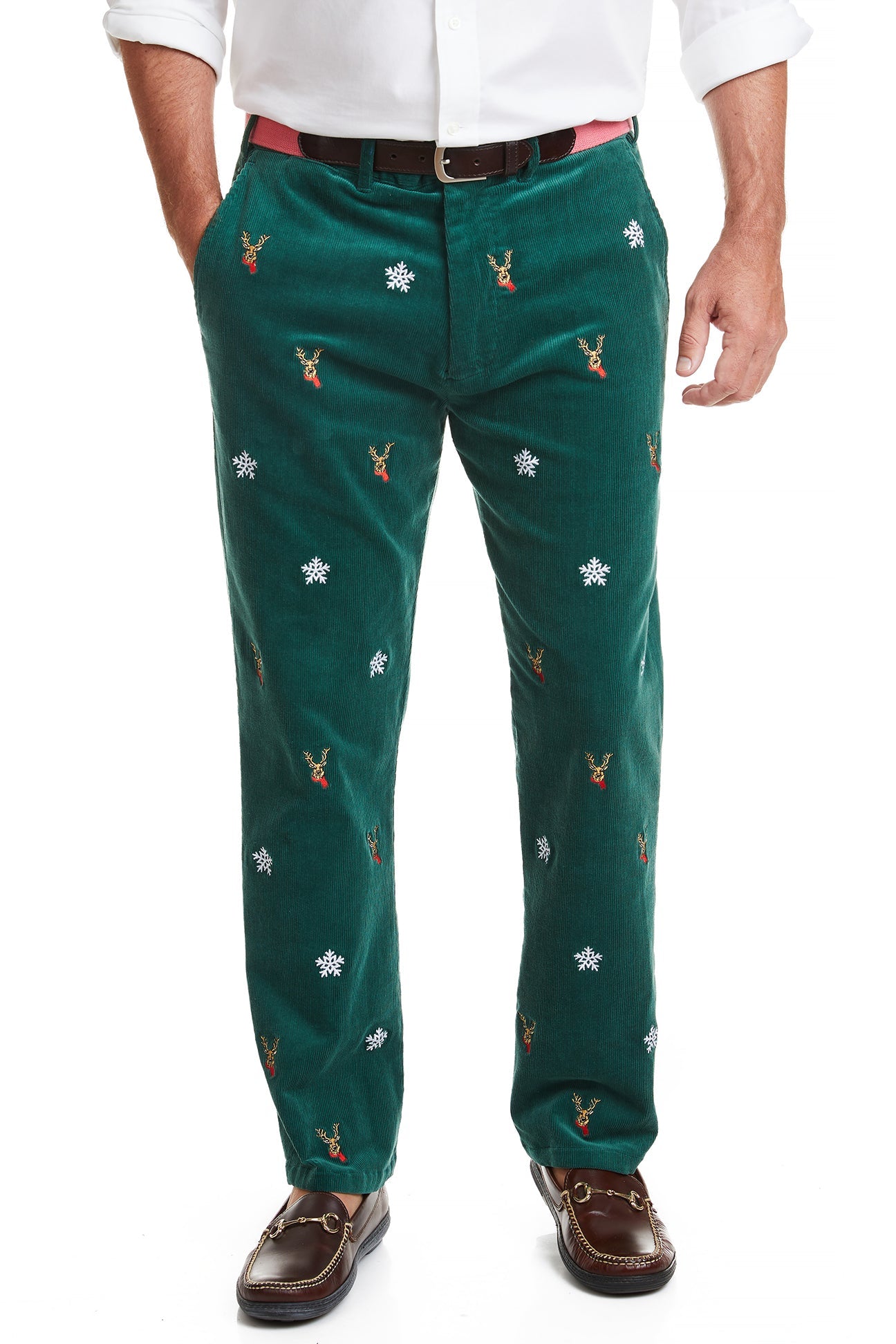 Beachcomber Corduroy Pants for Men - Hunter Green with Dasher & Snowflake Design - Perfect for Winter Outdoor Activities and Casual Wear