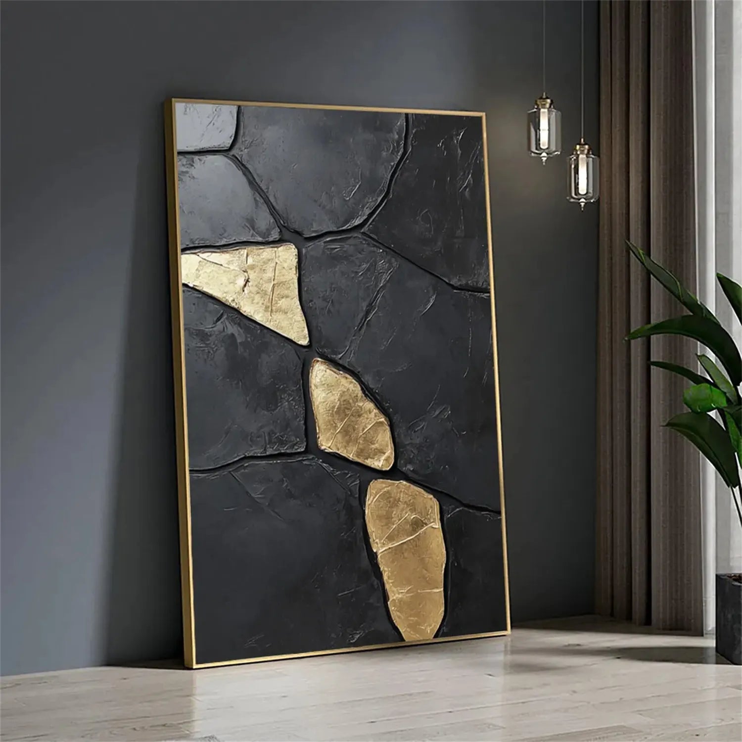 Black Gold Minimalist Textured Painting Canvas Wall Art - Modern Abstract Home Decor for Living Room, Bedroom & Office | Premium Quality #MZ122