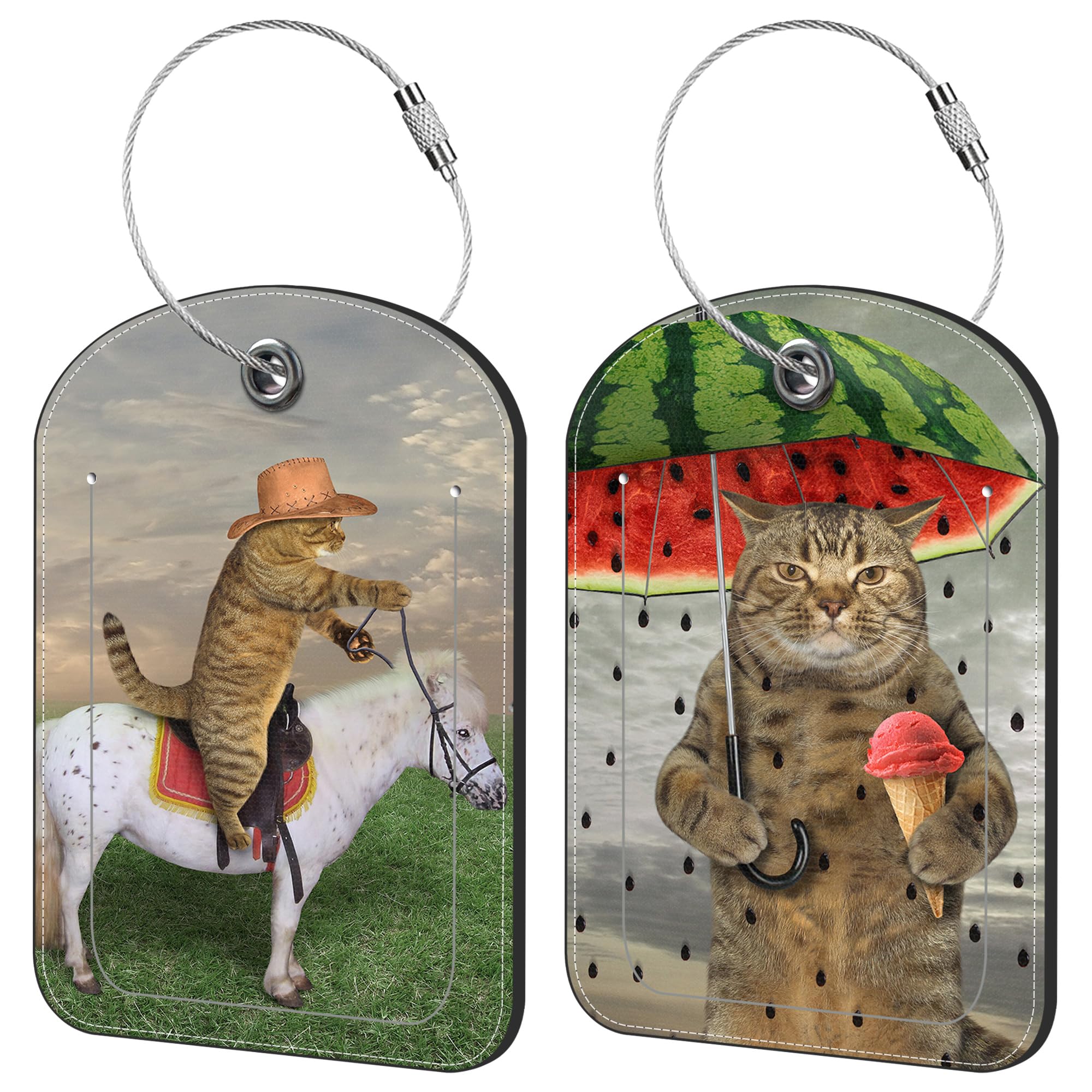 Cute PU Leather Cat Luggage Tags (Set of 2) with Stainless Steel Loop & Privacy ID Flap - Durable Suitcase Tags for Women & Men Travel Accessories | Perfect for Airports, Cruise Ships & Business Trips
