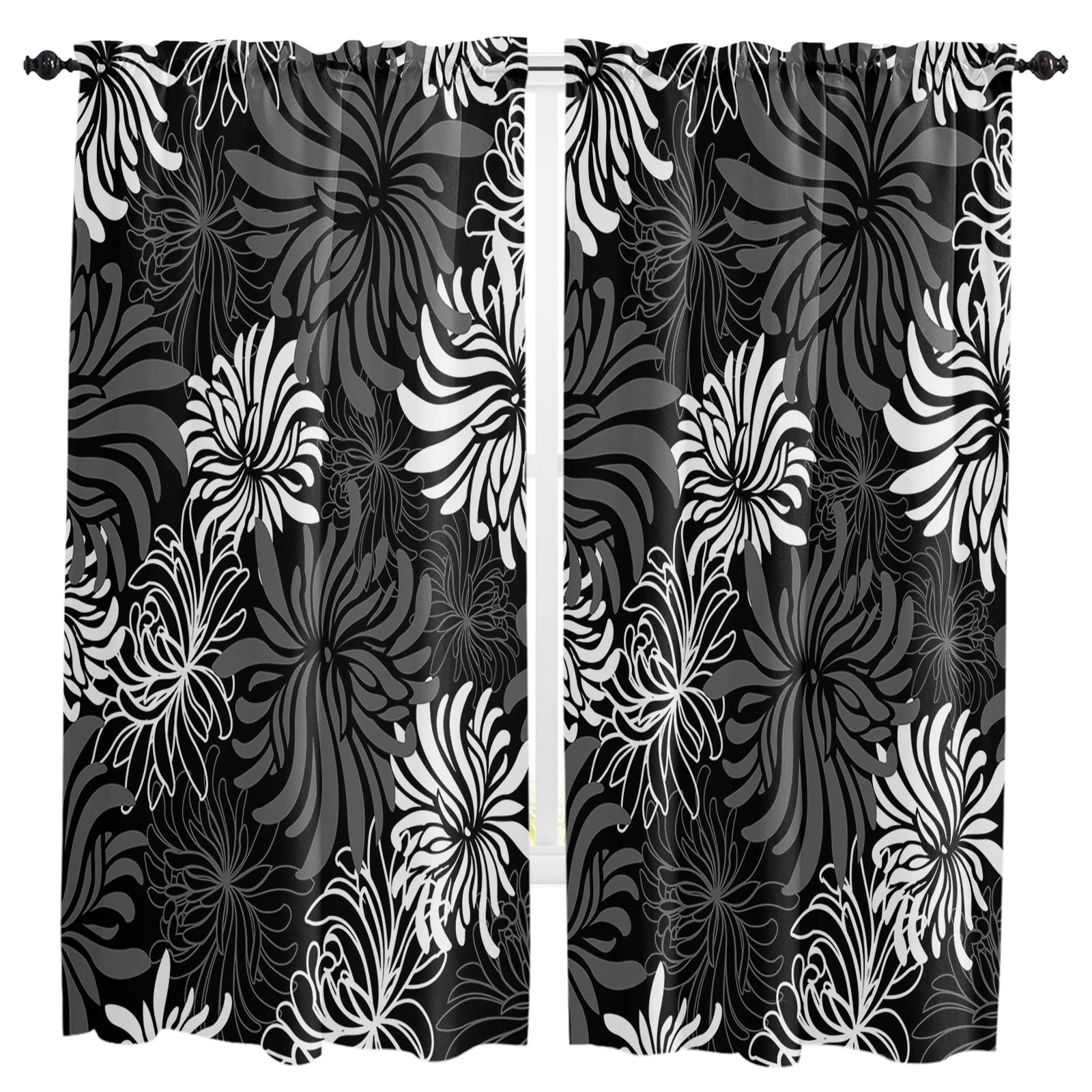 72 Inch Floral Window Curtains for Living Room & Bedroom - Grey White Chrysanthemum Pattern, Rod Pocket Blackout Drapes (52