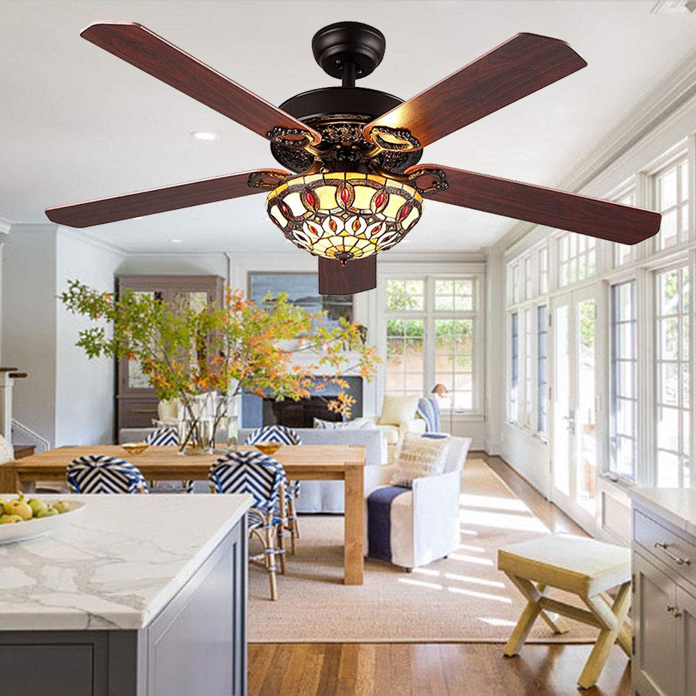 52 Inch Antique Tiffany Style Ceiling Fan with Remote Control - Decorative Black Finish & Integrated Light Kit - Perfect for Living Room, Bedroom, Dining Room and Office Spaces