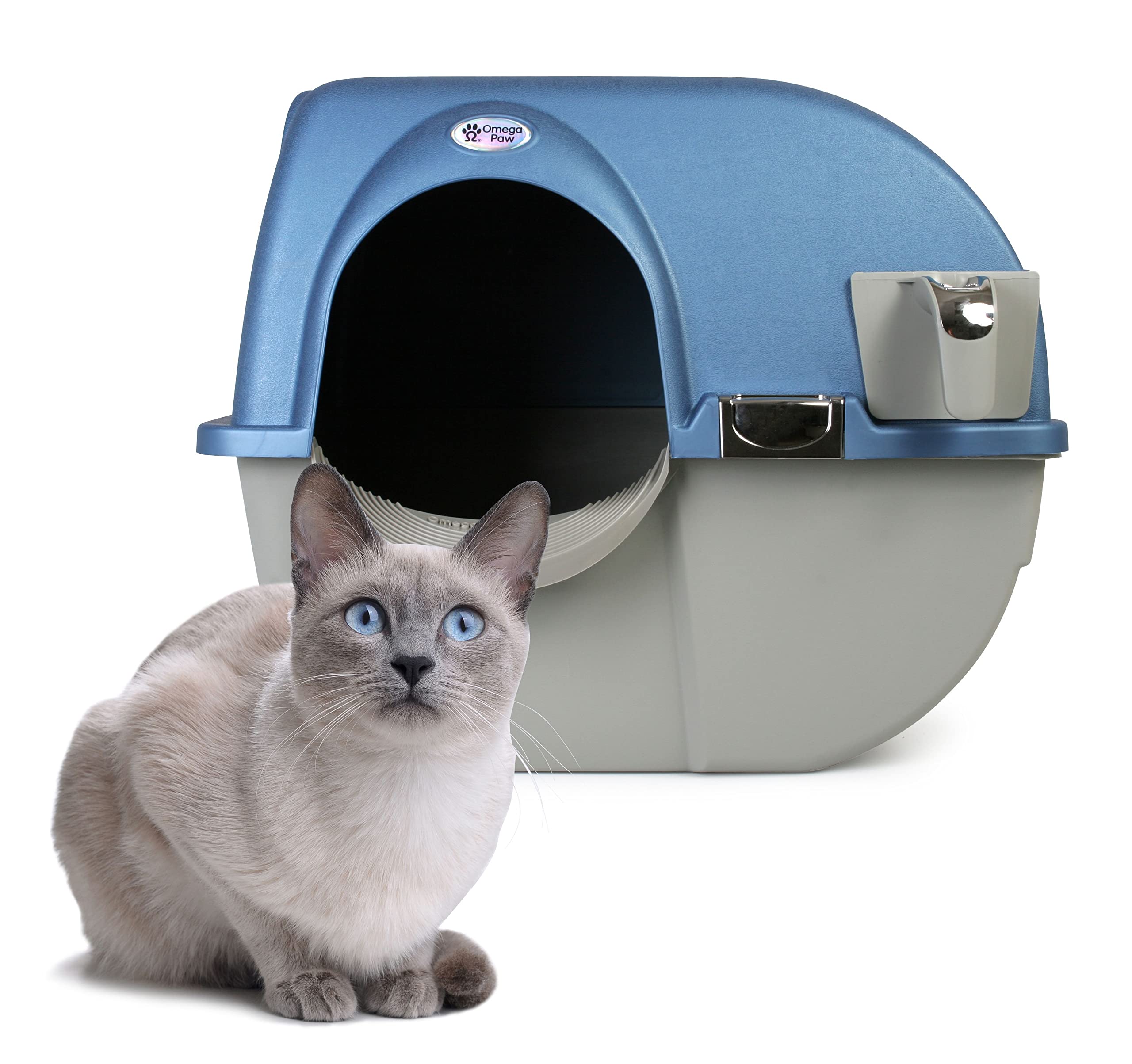 Omega Paw Premium Roll 'n Clean Self-Cleaning Litter Box for Large Cats - Pearl Blue (PR-RA20-1) - Odor Control & Easy Maintenance for Indoor Cat Litter Box Solutions