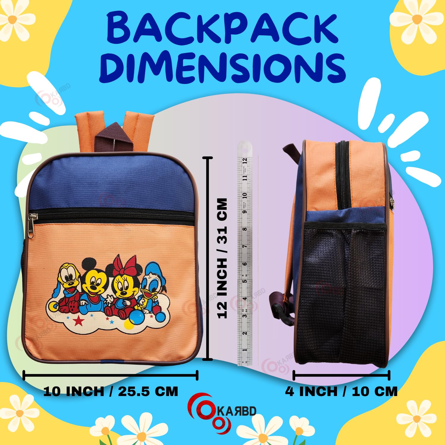 KARBD Kids Backpack for Boys & Girls - 12 Inch School Bag with Multiple Pockets, Compartments & Bottle Holder - Mickey Mouse Cartoon Design (Orange/Blue) - Perfect for School, Travel & Daily Use