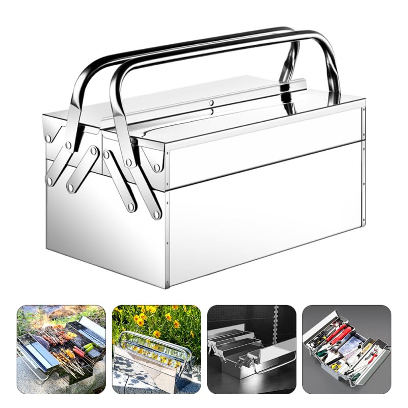 Angoily Stainless Steel Toolbox with 2 Folding Trays - Multipurpose Organizer Storage Case for Home, Office & Workshop | Portable Metal Sewing Box & Craft Organizer with Handle | Perfect for DIY, Art Projects & Tool Storage