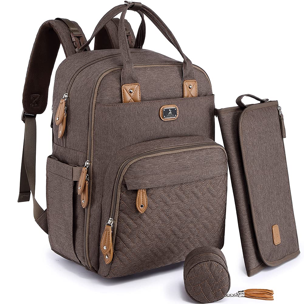 **Dikaslon Large Unisex Diaper Backpack with Changing Pad, Pacifier Case & Stroller Straps - Waterproof Baby Bag for Boys & Girls - Perfect for Travel, Daycare & Parenting On-The-Go (Brown)**