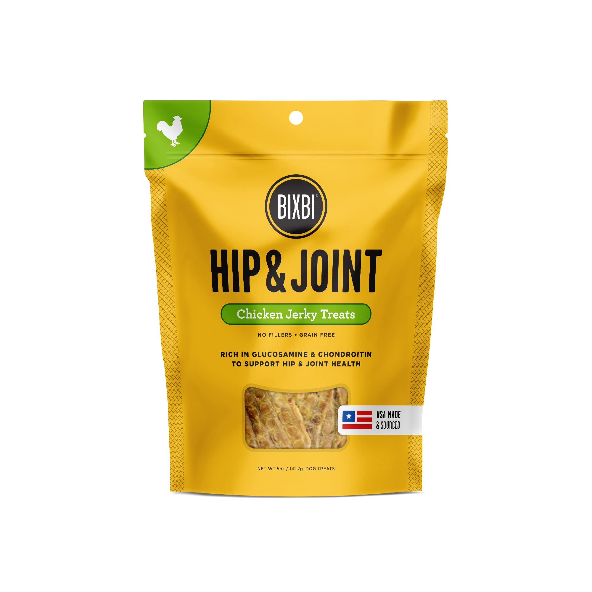 BIXBI Hip & Joint Support Chicken Jerky Dog Treats, 5 oz - Grain Free, High Protein Dog Snacks with Glucosamine & Chondroitin - Antioxidant Rich, USA Made Natural Treats for Joint Health - Perfect for Senior Dogs & Active Pets