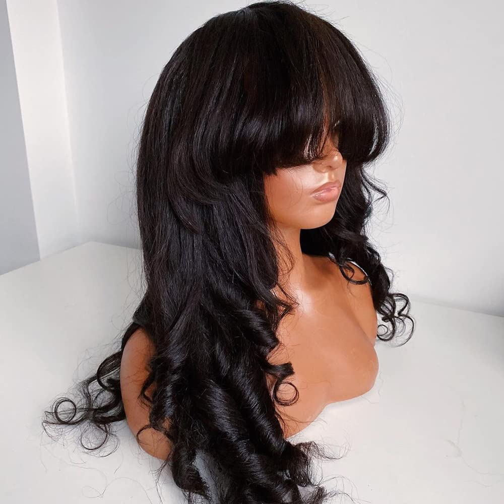 Brazilian Human Hair Wigs for Black Women - 22 Inch Kinky Yaki Wavy Bang Wig with 180% Density & O Scalp Top | Perfect for Protective Styling, Everyday Wear & Special Occasions