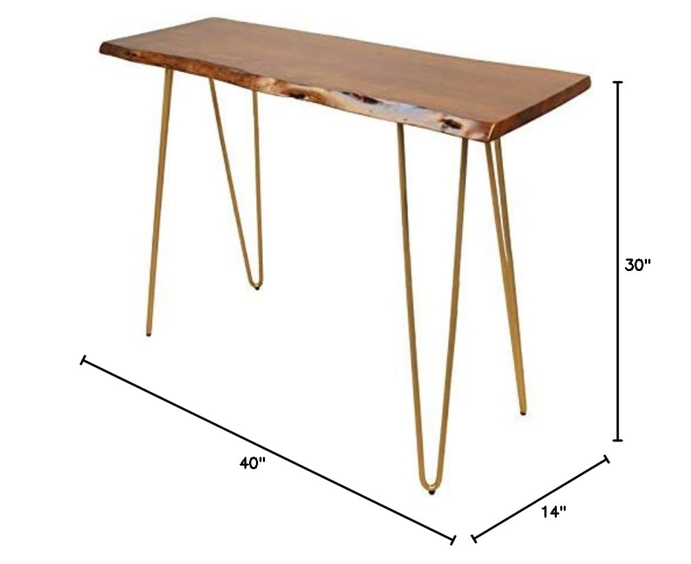 Live Edge Elm Wood Console Table with Gold Accents - Modern Entryway, Hallway & Living Room Furniture for Home Decor