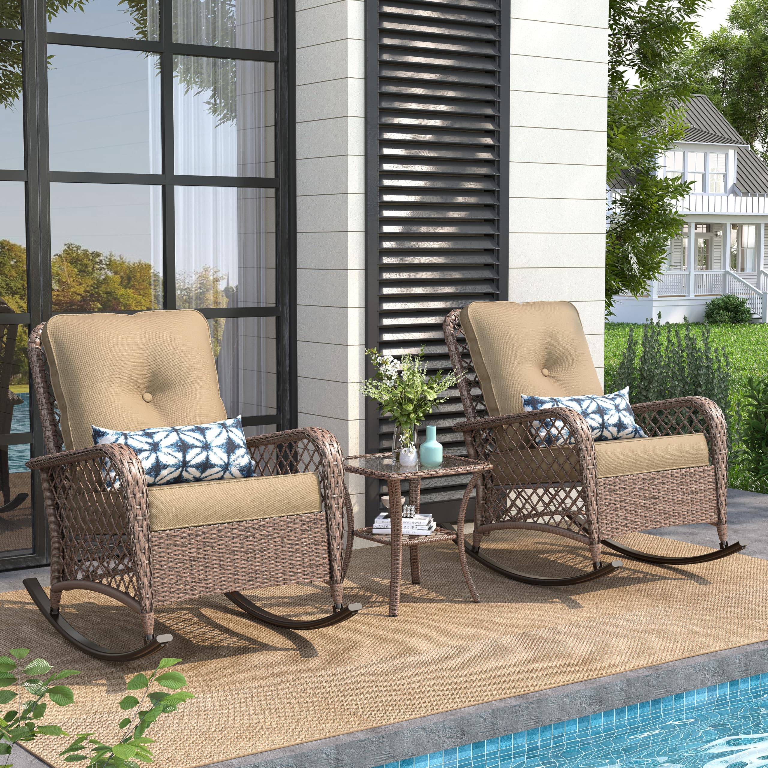 UDPATIO 3-Piece Wicker Patio Rocking Chair Set with Thick Cushions - 2 Outdoor Rockers & Side Table - Brown/Khaki - Perfect for Backyard, Porch, Balcony, Poolside Relaxation & Entertaining