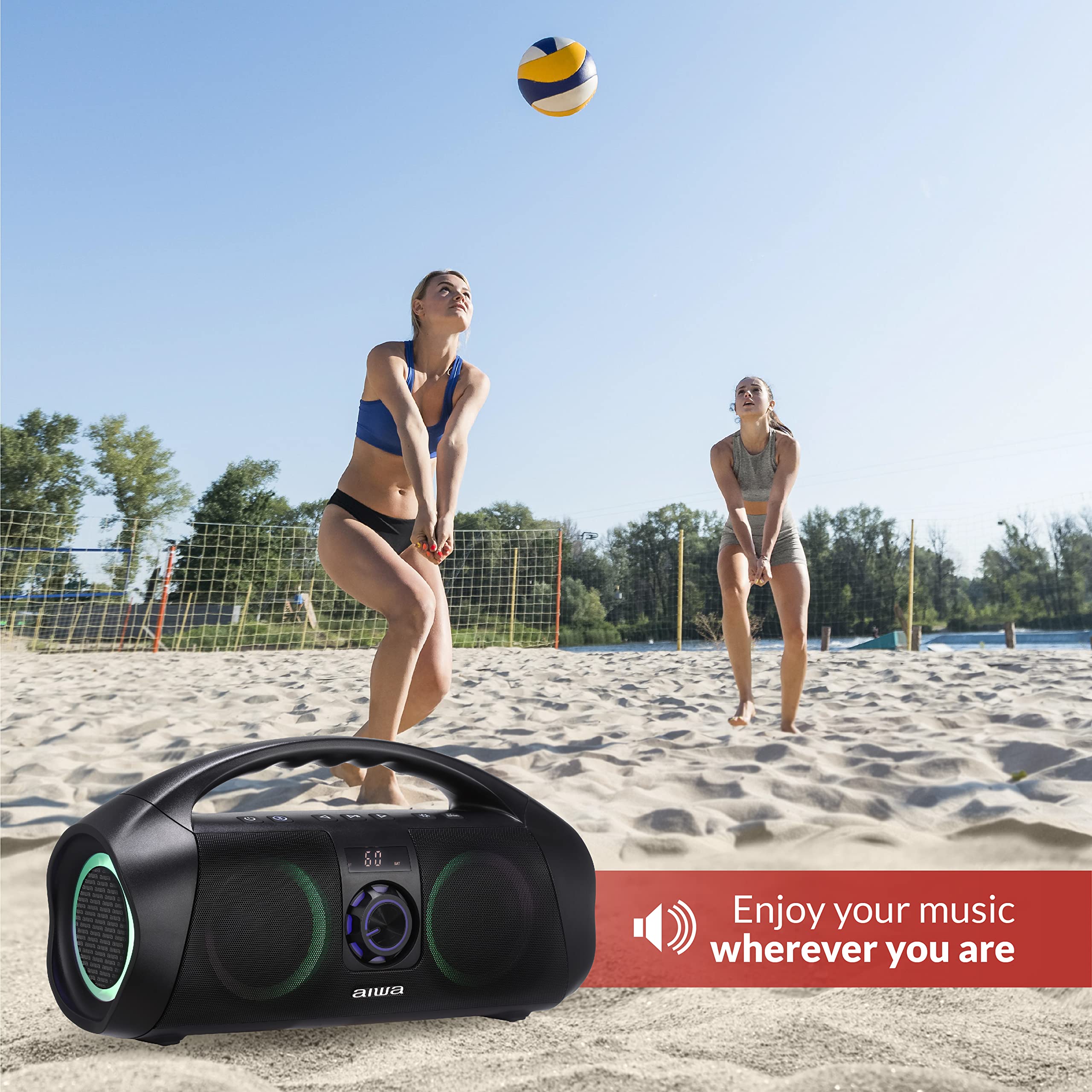 AIWA Waterproof Bluetooth Boombox Speaker - Portable Wireless Speaker with LED Lights, Digital Display, AUX Input & 15H Playtime - Perfect for Pool Parties, Beach Outings & Outdoor Adventures