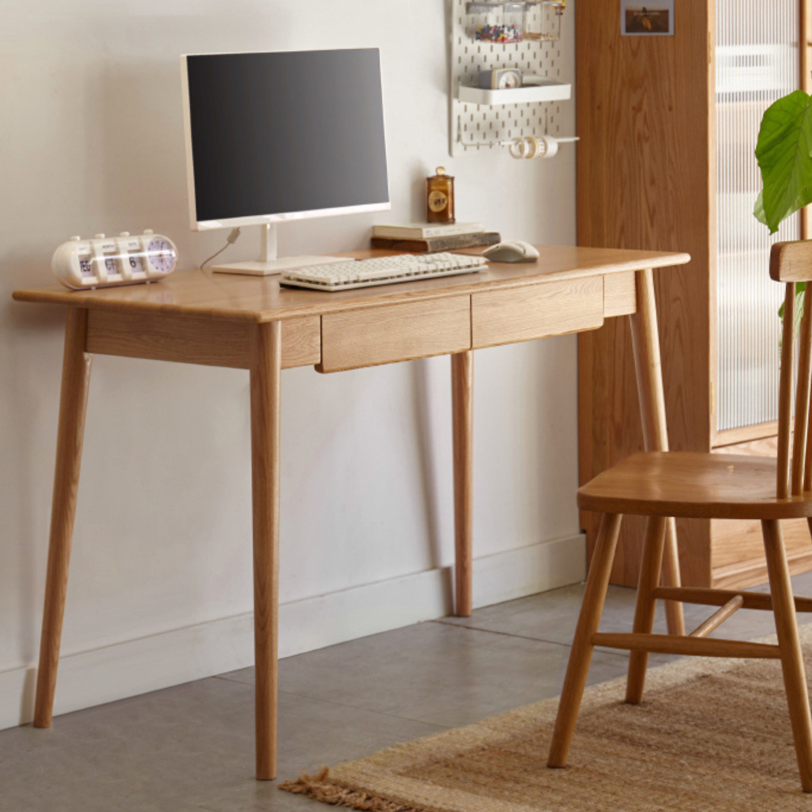 Solid Oak Wood Office Desk with Spindle-Shaped Slanted Legs - Modern Home Office Furniture for Work & Study