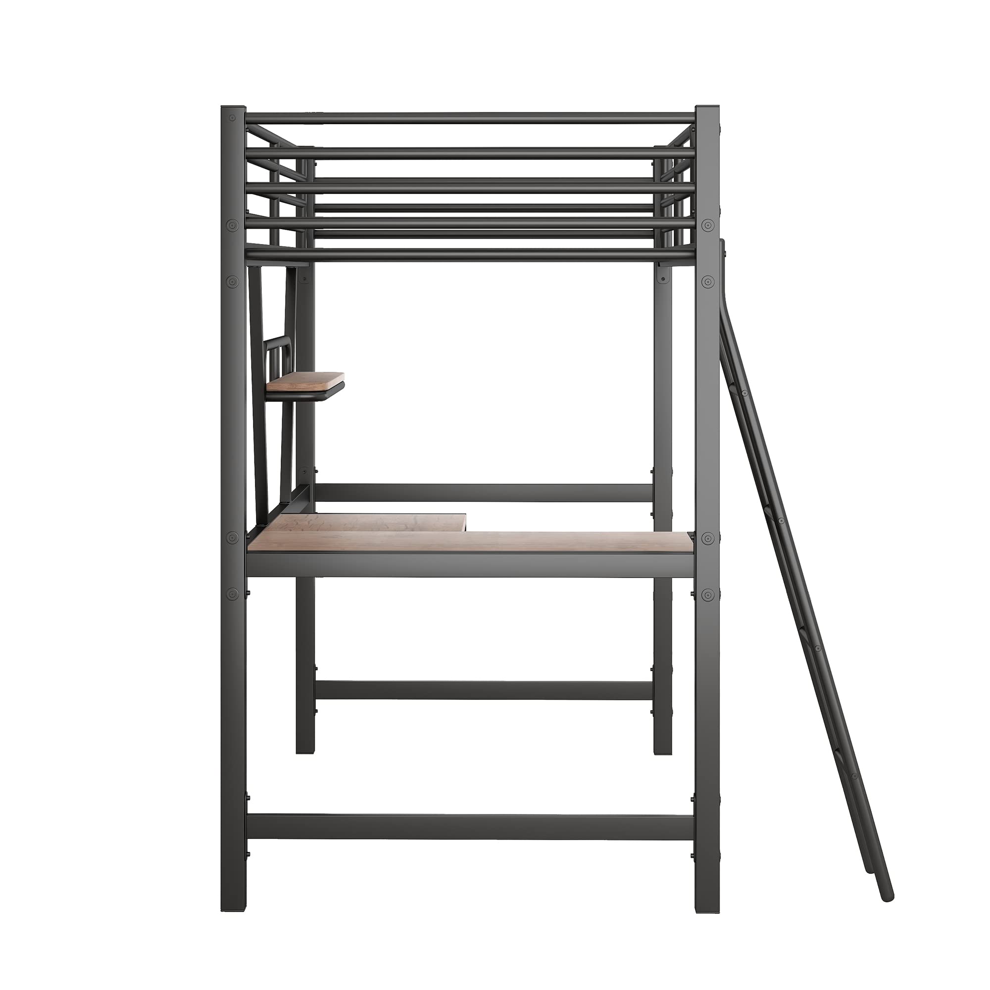 KLMM Modern Twin Size Loft Metal & MDF Bed with Built-in Desk and Shelves - Space Saving Study Bed for Teens & Adults - Perfect for Small Bedrooms, Dorm Rooms & Studio Apartments (Black)