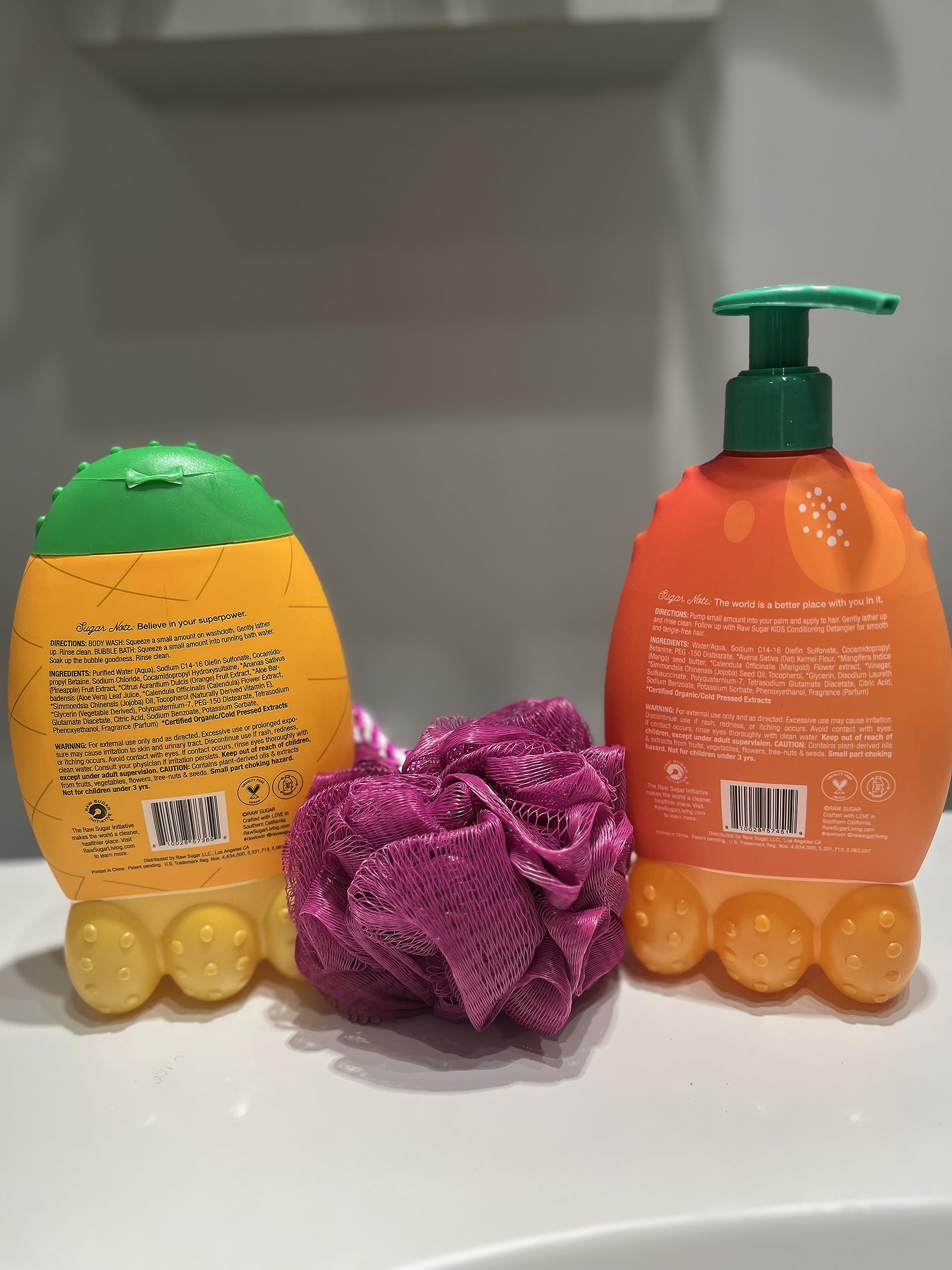 Raw Sugar Kids Bundle: 2-in-1 Mango Butter & Oats Shampoo Conditioner + Pineapple Orange Bubble Bath Body Wash (12 oz Each) with Loofah - Gentle Natural Hair & Skin Care for Toddlers & Children - Perfect for Bath Time & Daily Hygiene Routine