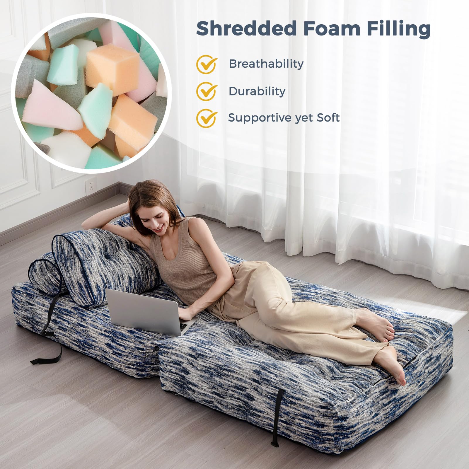 MAXYOYO Folding Sofa Bed - Convertible Sleeper Chair with Pillow, Soft Fold Out Guest Bed in Mix Blue | Perfect for Small Spaces, Living Rooms & Apartments