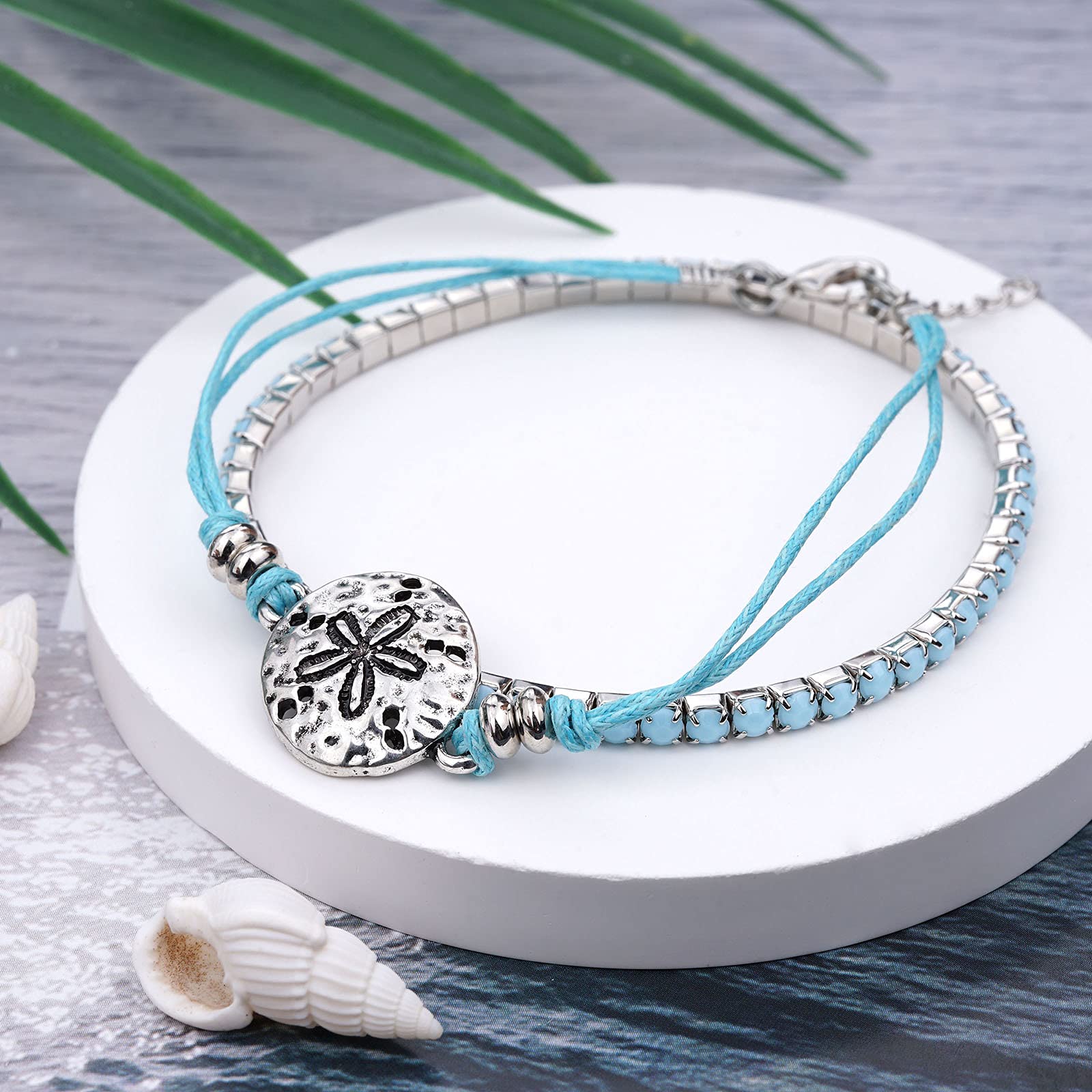 Boho Beach Bracelets for Women - Adjustable Starfish, Turtle & Conch Shell Anklets with Turquoise Beads - Stretchy Foot Jewelry for Summer Vacations, Pool Parties & Beach Weddings