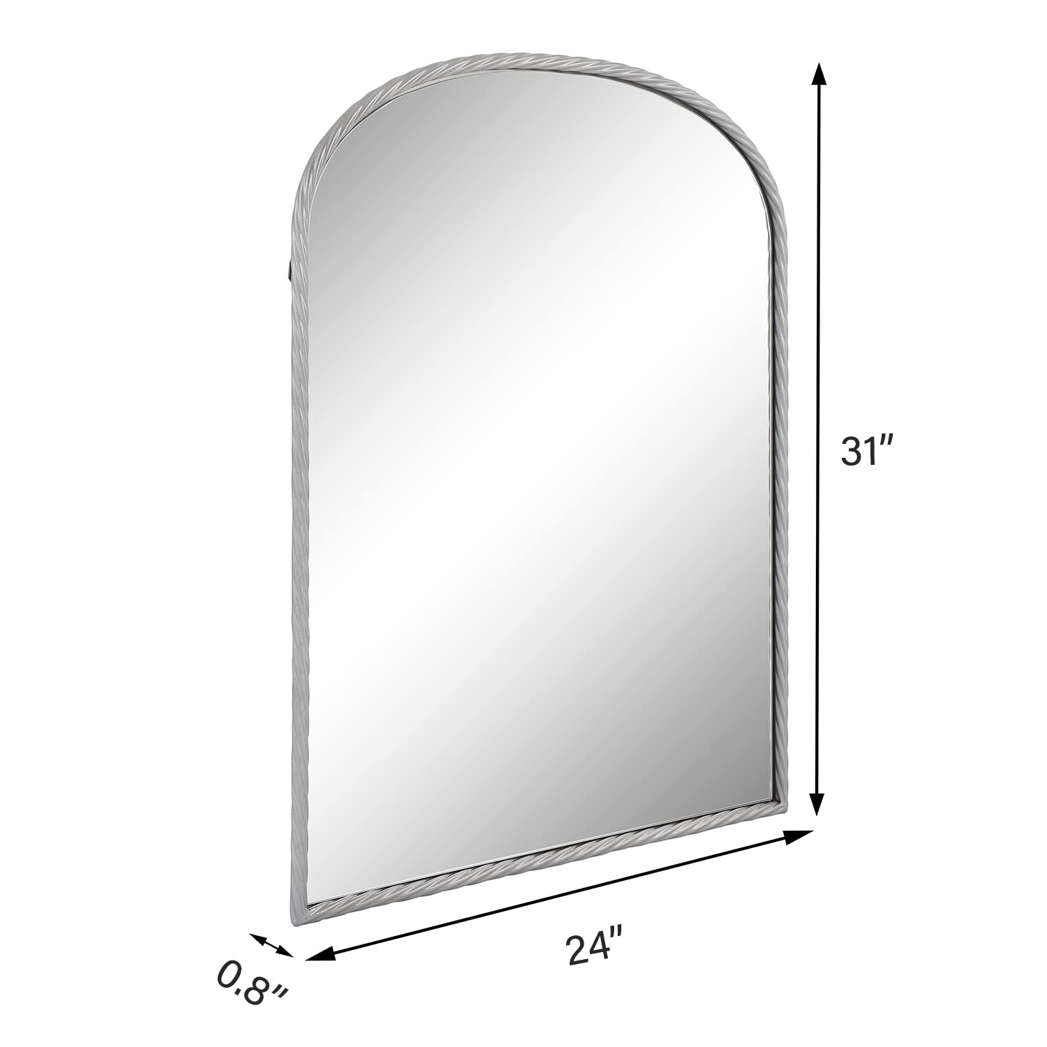 24x31 Inch Arch Mirror with Twisted Metal Frame - Silver Wall Mirror for Bedroom, Bathroom & Entryway Decor