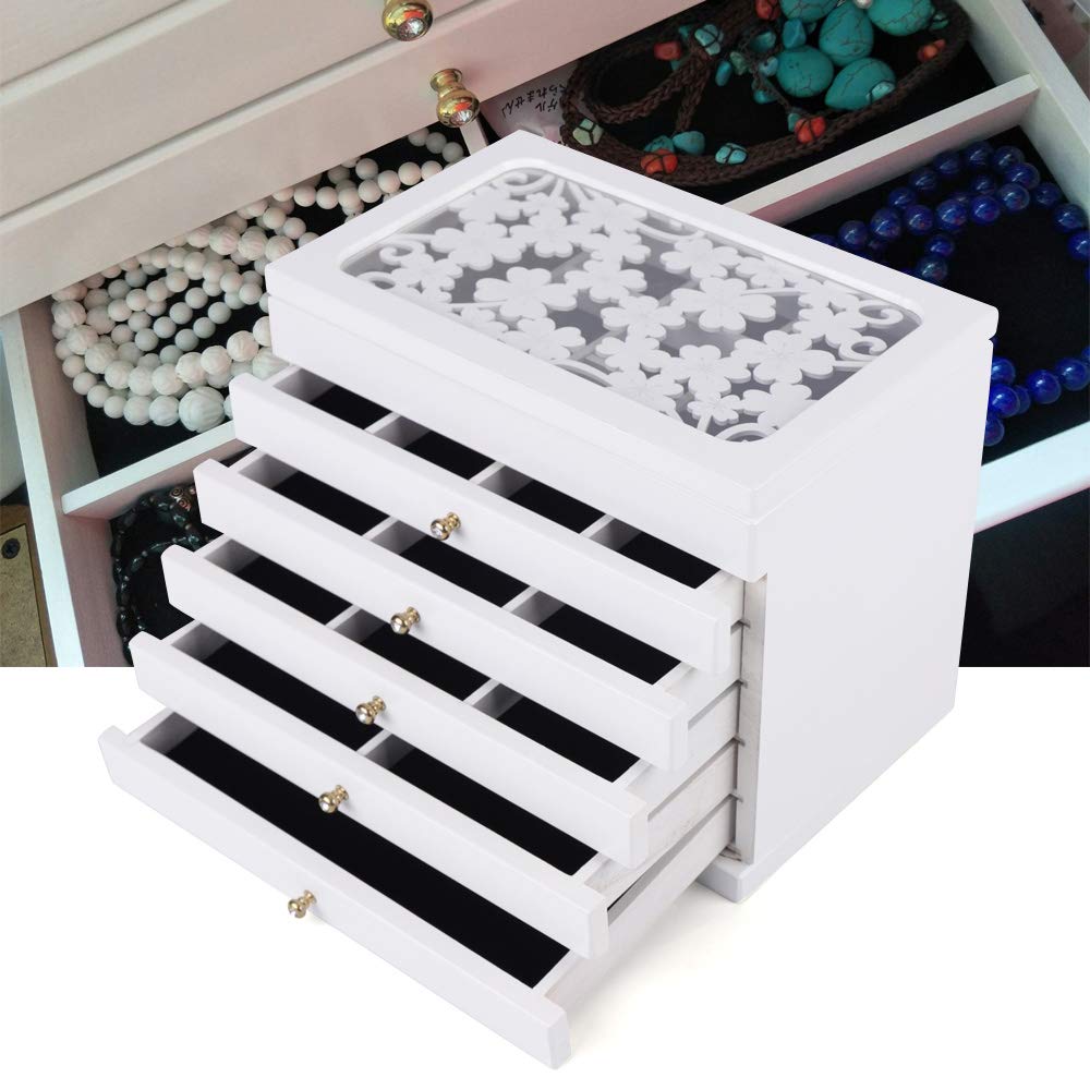 6-Layer Wooden Jewelry Storage Organizer with 5 Drawers - Large Jewelry Box for Women (White) | Perfect for Necklace, Ring & Earring Organization at Home, Travel & Gift Giving