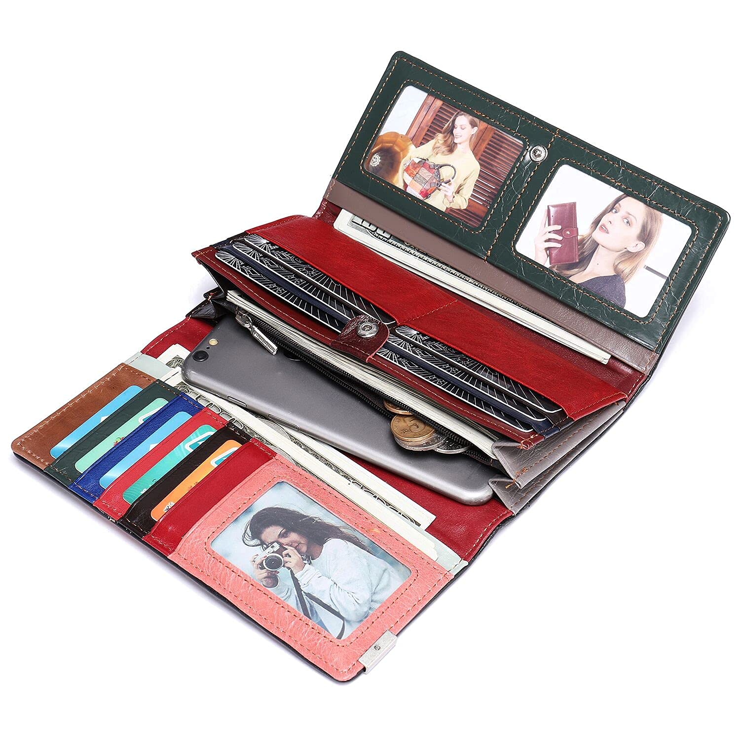 MASIWEI Genuine Leather Women's Wallet - Multicolor Patchwork Credit Card Holder with Zip Coin Purse for Daily Use