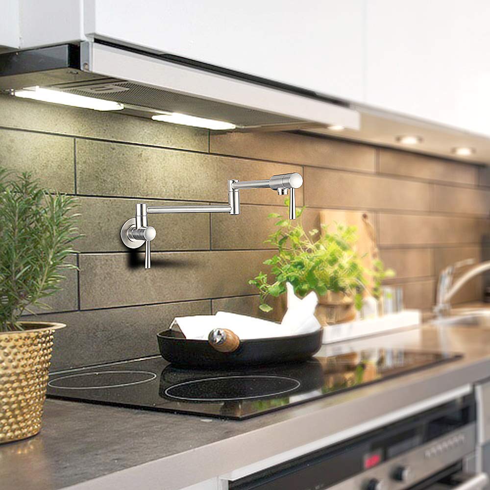 IMLEZON Commercial Stainless Steel Wall Mount Pot Filler Faucet - Foldable & Extendable Kitchen Sink Faucet with Single Hole & Dual Handles - Perfect for Restaurants, Home Kitchens & Food Prep Stations