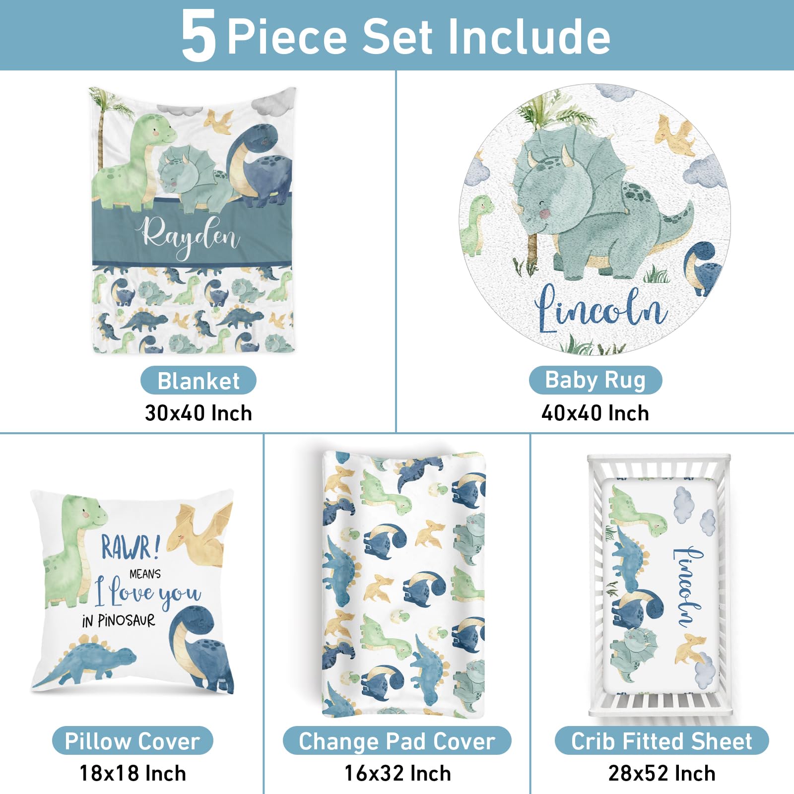 Custom Personalized Dinosaur Baby Crib Bedding Set - 5 Piece Nursery Set with Round Rug & Blanket for Newborn Girls | Perfect Baby Shower Gift & Nursery Decor for Dinosaur-Themed Rooms