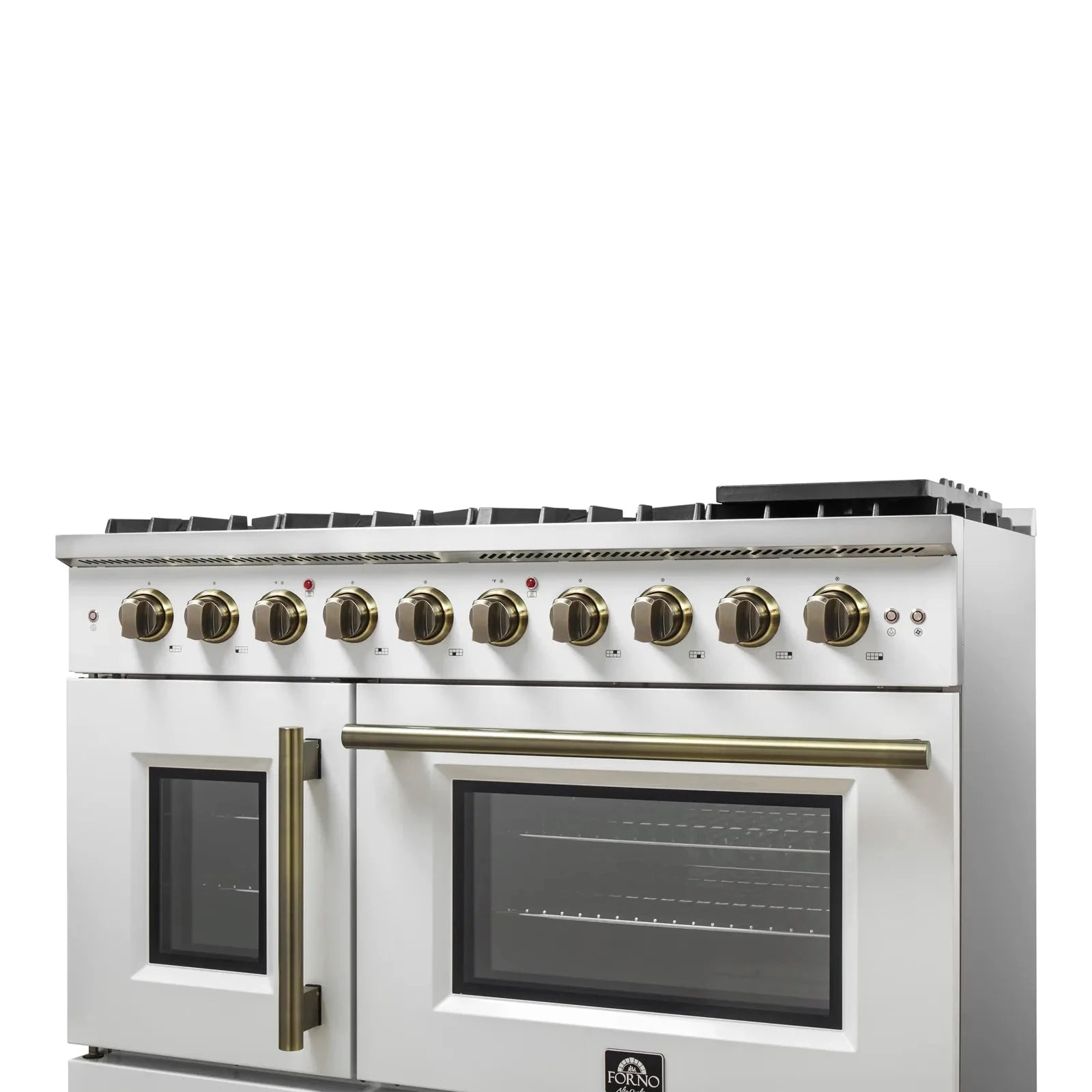 Forno Galiano 48-Inch Freestanding All Gas Range with French Doors - White with Antique Brass Trim (Model FFSGS6444 48WHT) - Perfect for Modern Kitchens & Professional Chefs