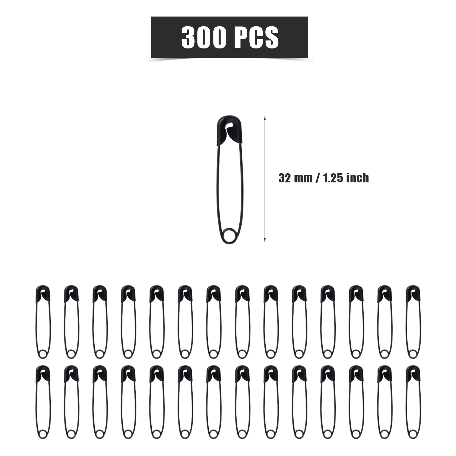300 Pcs 1.26 Inch Black Metal Safety Pins Bulk - Large 1.26