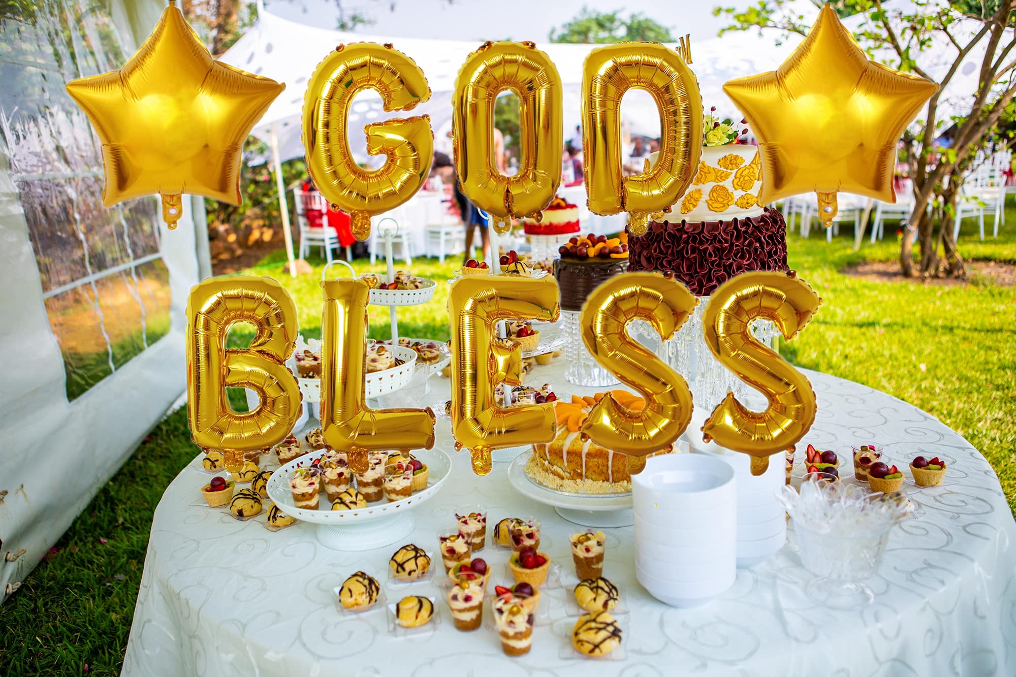 God Bless Balloons Banner - First Communion & Confirmation Decorations with 2 Star Balloons - Perfect for Baby Showers, Baptisms & Religious Celebrations