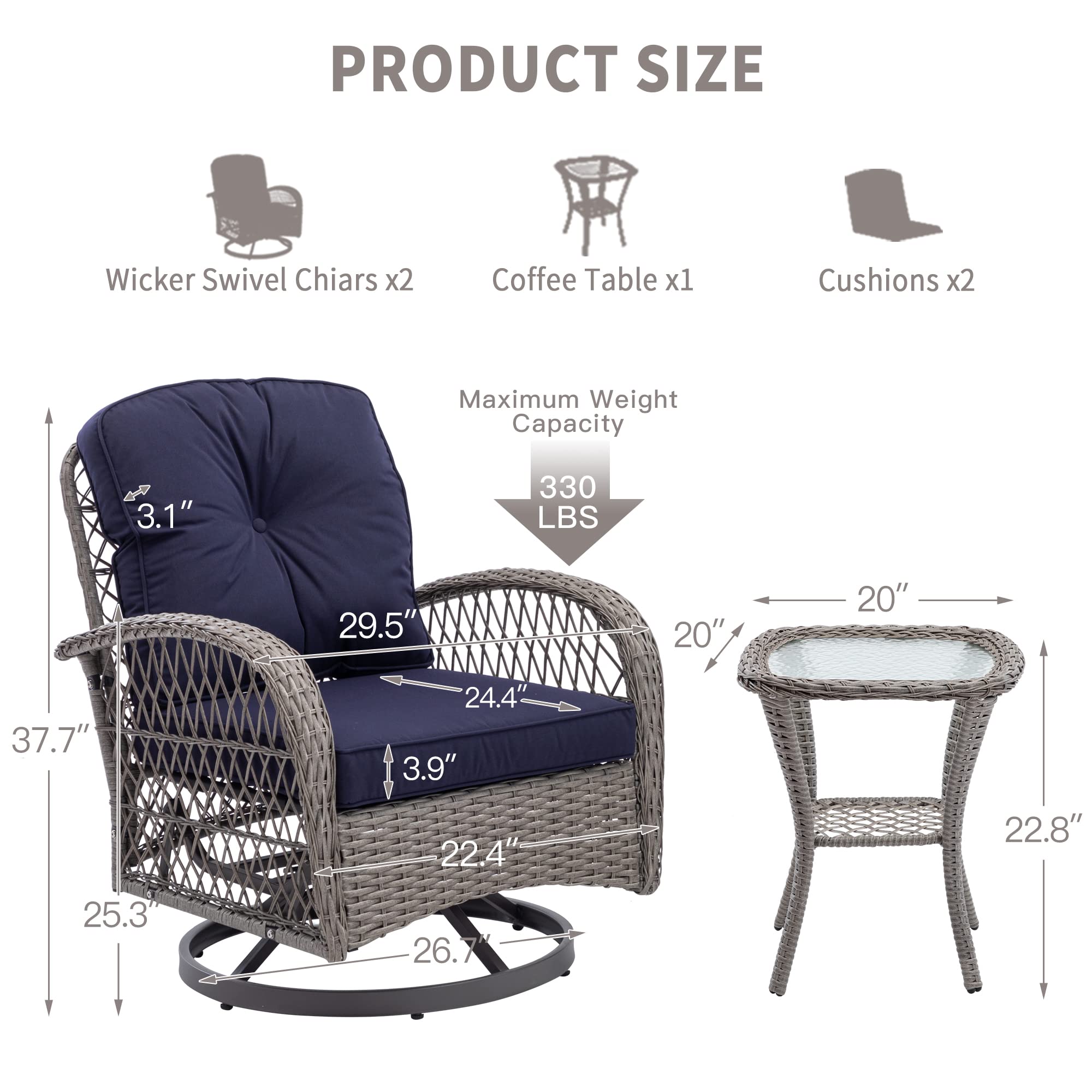 360° Swivel Patio Chairs Set - 3-Piece Outdoor Rocking Bistro Table & Chairs with Rattan Wicker Design & Cushions - Perfect for Front Porch, Garden, Deck and Backyard Relaxation