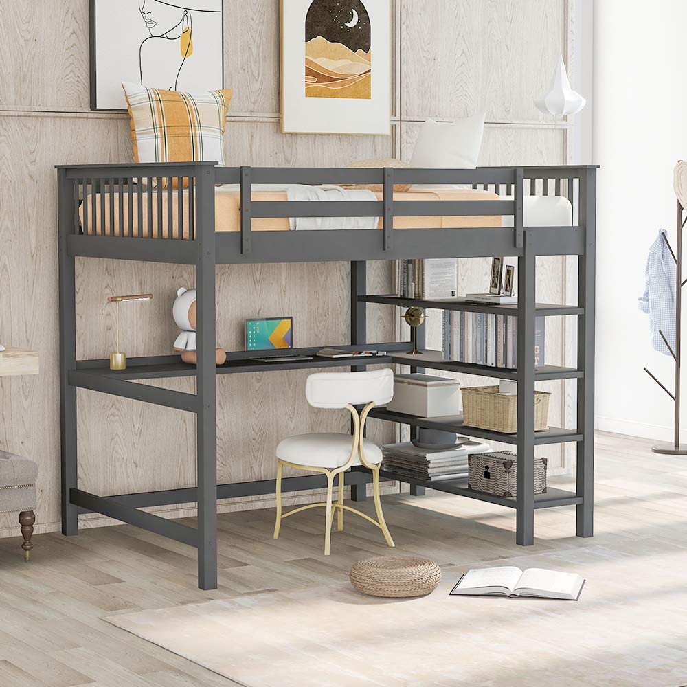 Rubber Wood Loft Bed with Storage Shelves & Desk - Full-Length Guardrail, Space-Saving Kids Bed Frame with Bookcase (Full Size, Gray) - No Box Spring Needed | Perfect for Small Bedrooms, Dorms & Kids' Rooms